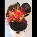 Gorgeous & Glorious Black Sinamay & Silk Abaca Headpiece with Feather Flamee