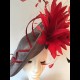Gorgeous & Glorious Dark Grey Medium Saucer Headpiece with Deep Red Feathers